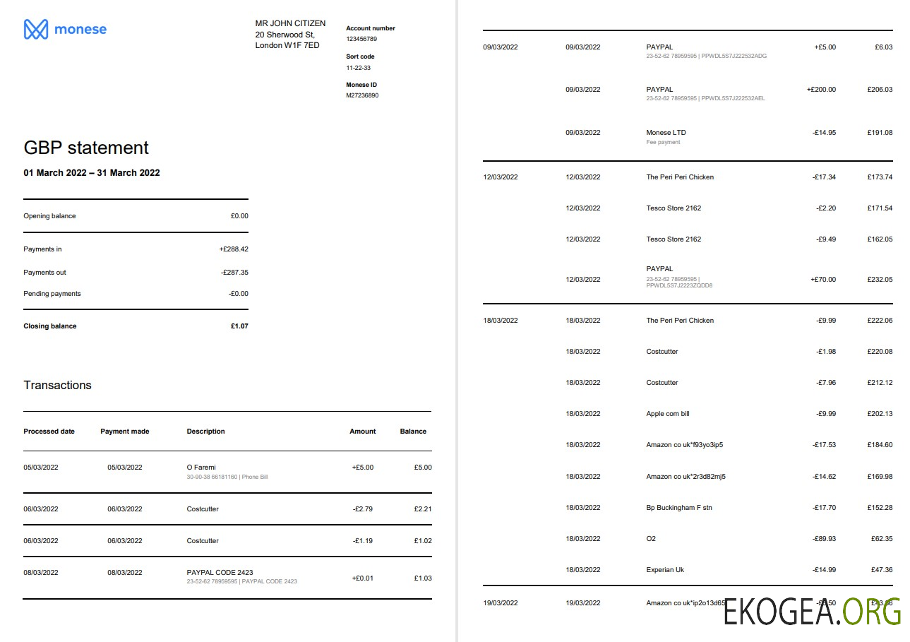 Modèle Word et PDF de relevé bancaire Monese du Royaume Uni, 3 pages